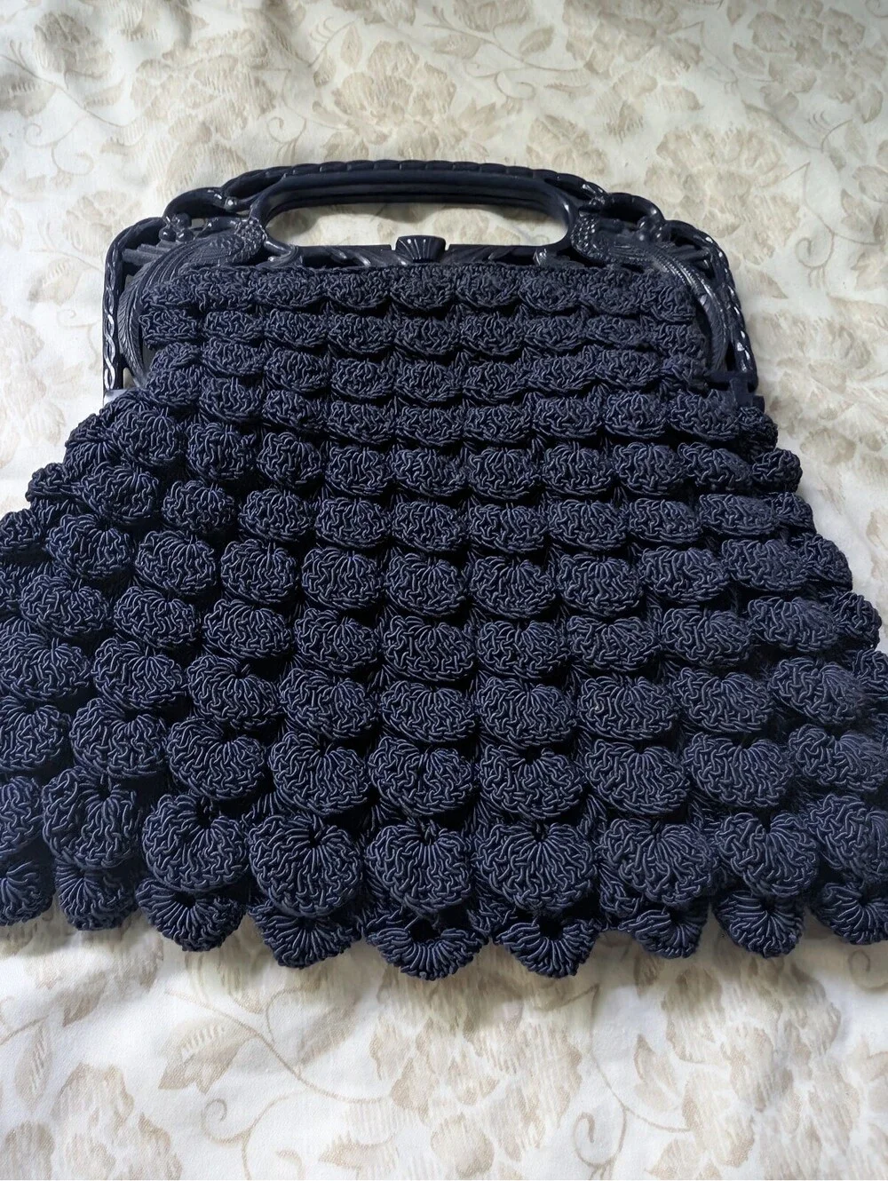 Vintage navy blue Knitted Handbag with Decorative Frame Handle